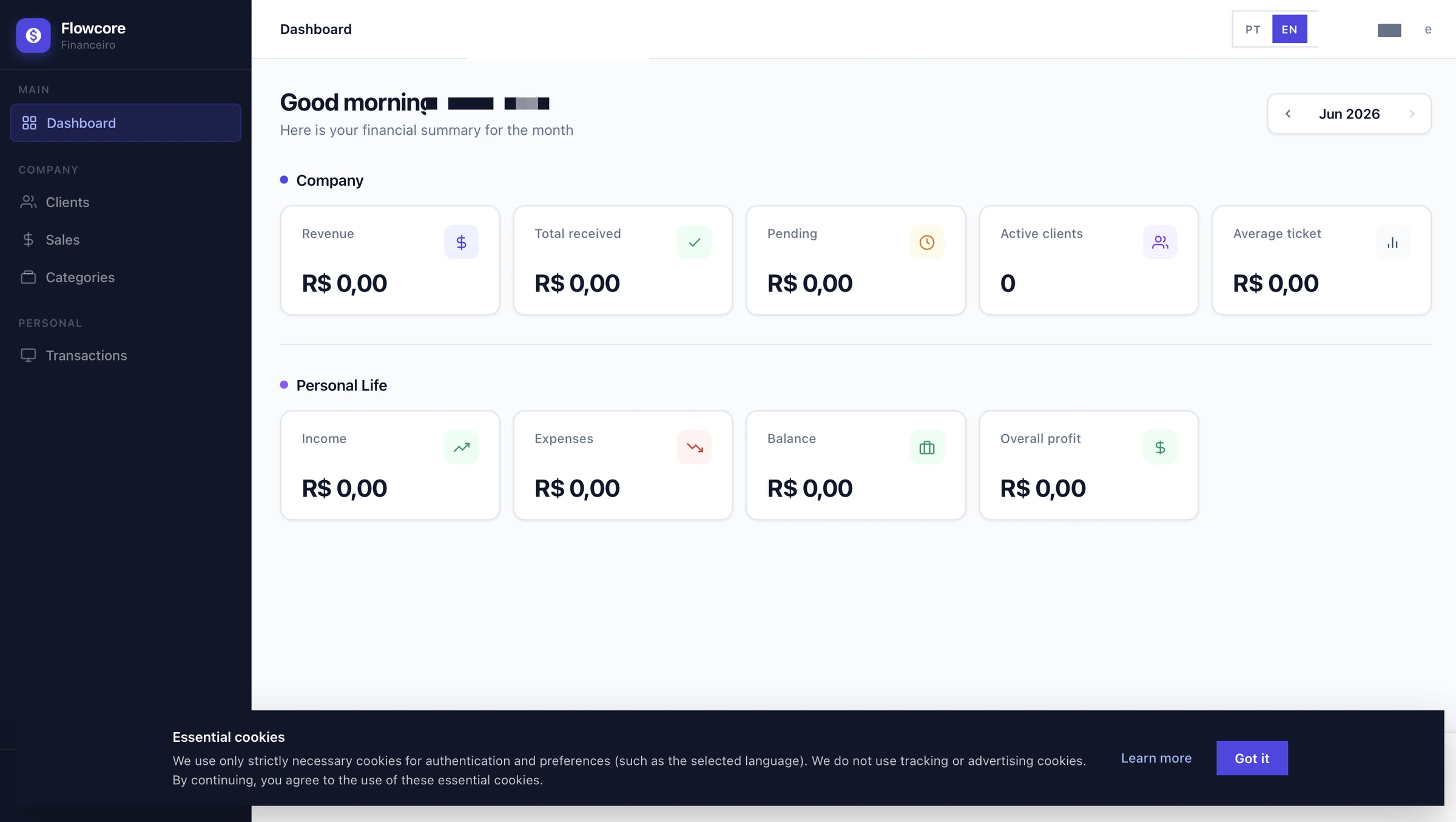 Flowcore — a bilingual finance web app dashboard built by Flow Systems